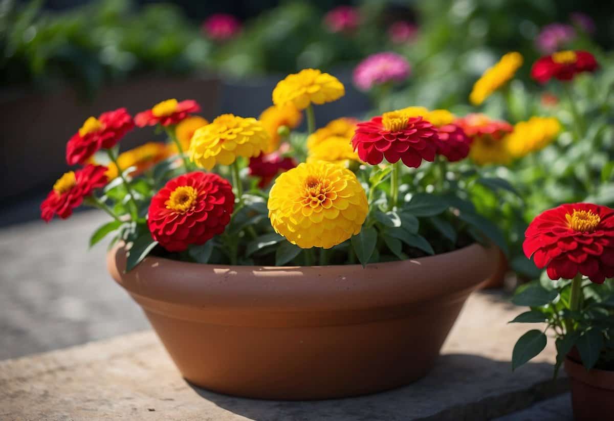 Vibrant scarlet and yellow zinnias fill a garden pot, creating a burst of color and beauty