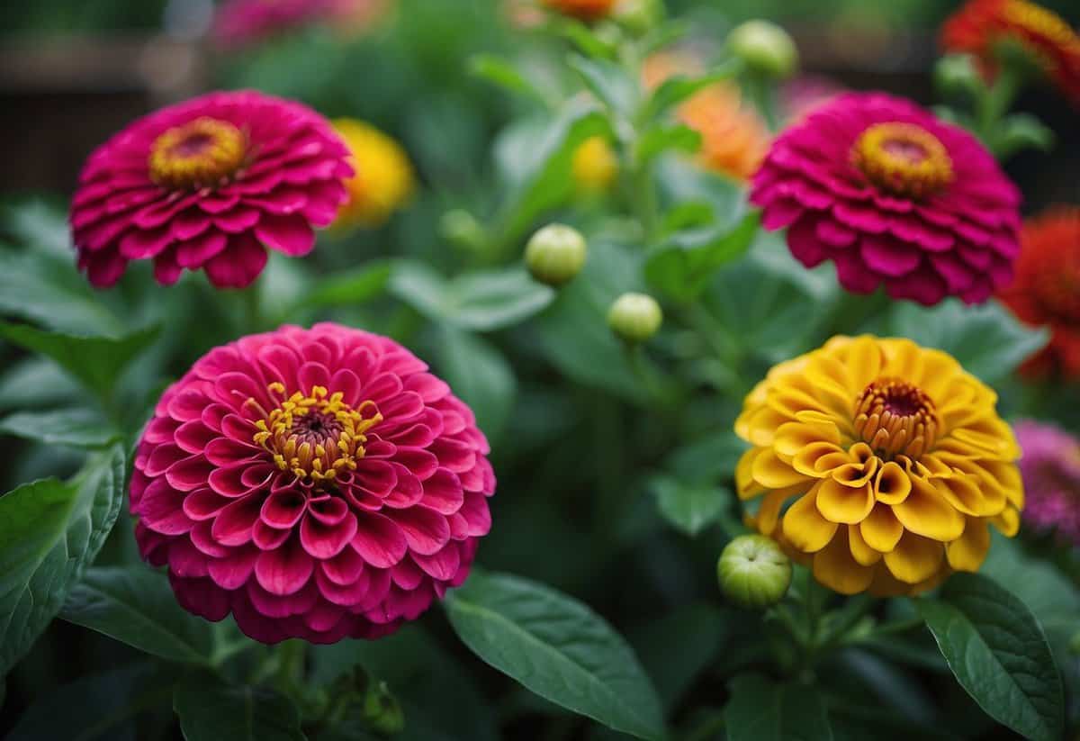 Vibrant 'Envy' zinnias bloom in a lush potted garden, surrounded by other colorful flowers and green foliage