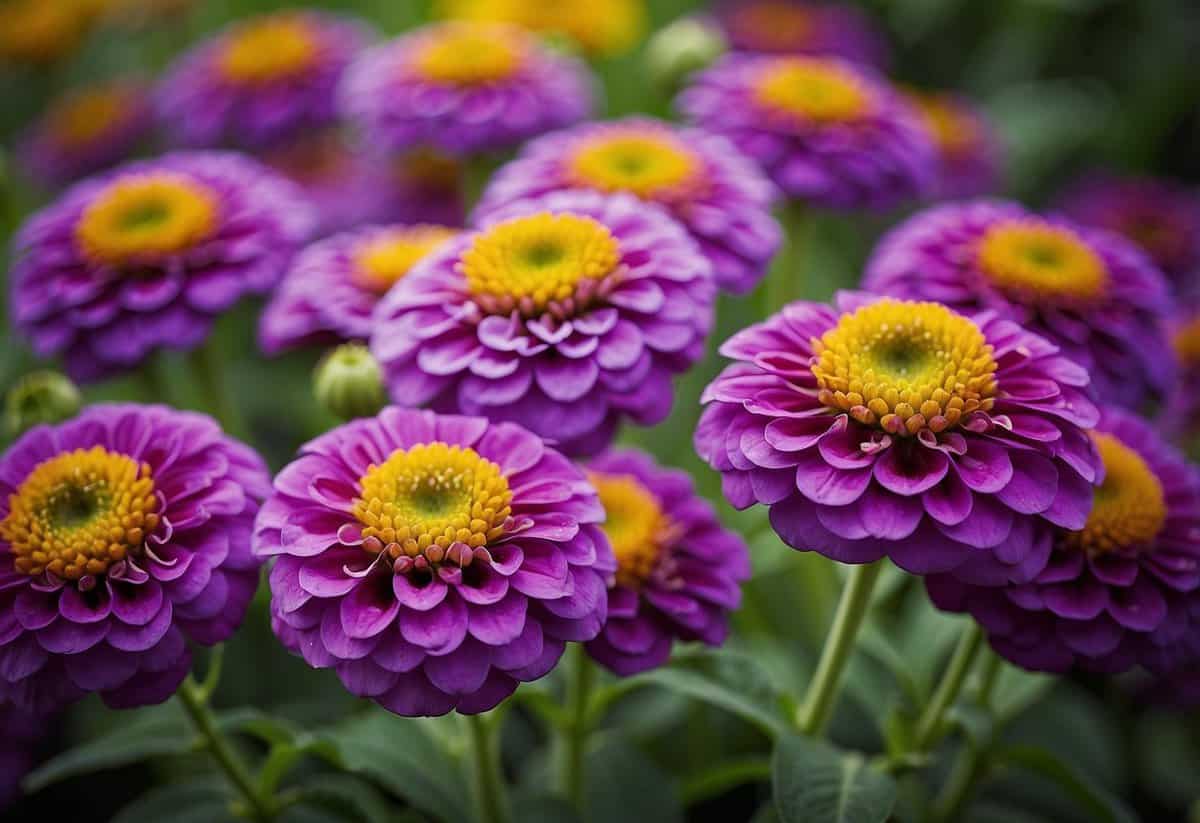 A vibrant garden filled with potted 'Purple Prince' Zinnias, creating a colorful and lively display