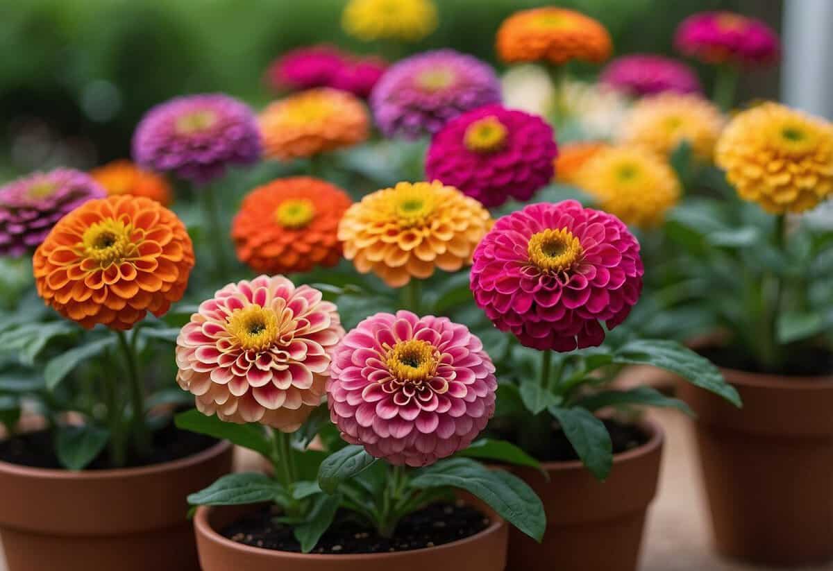 Vibrant 'Lilliput' zinnias bloom in assorted pots, creating a colorful garden display