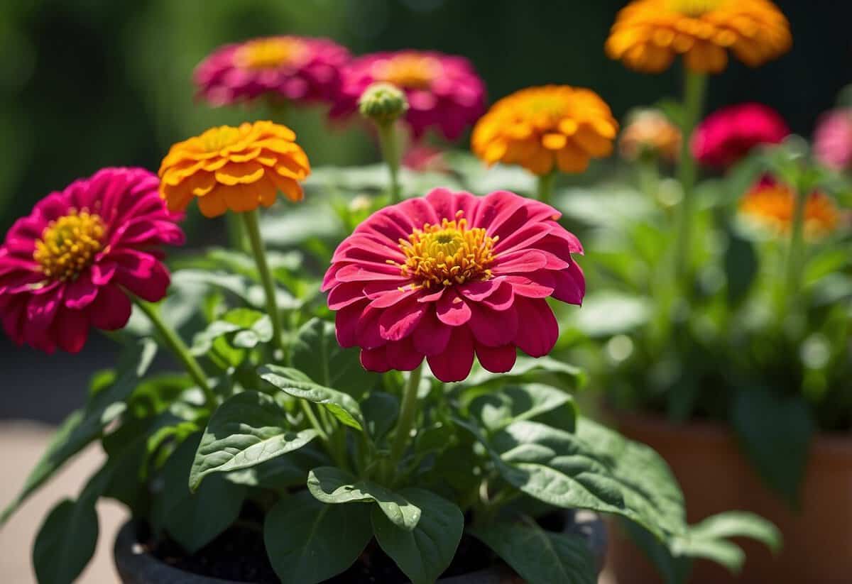 Vibrant potted zinnias bloom in a sunny garden, surrounded by lush green foliage and delicate tendrils reaching towards the sky