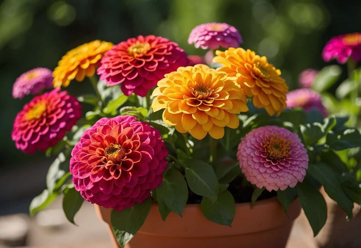 Vibrant potted zinnias arranged in a garden, surrounded by colorful foliage and blooming flowers. The sun shines down, casting a warm glow on the lush greenery