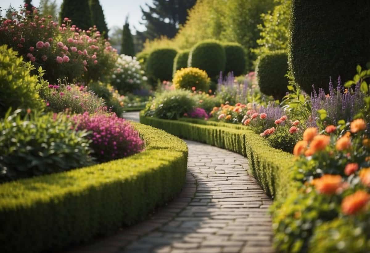 A lush garden with a neatly trimmed hedge bordering a winding pathway, surrounded by colorful flowers and ornamental plants