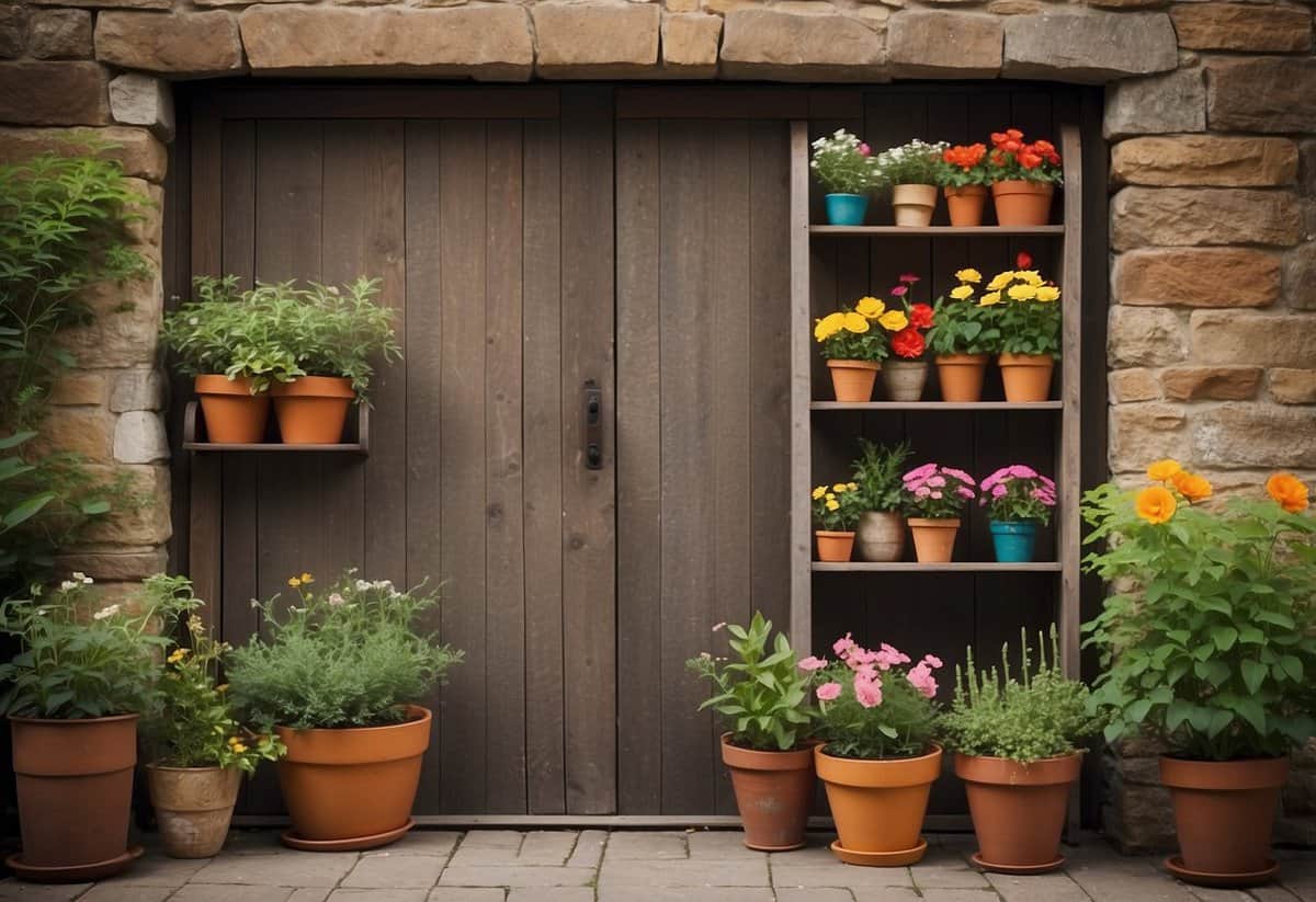 An old wooden door transformed into a garden shelf, adorned with potted plants and colorful flowers, adding a touch of rustic charm to the outdoor space