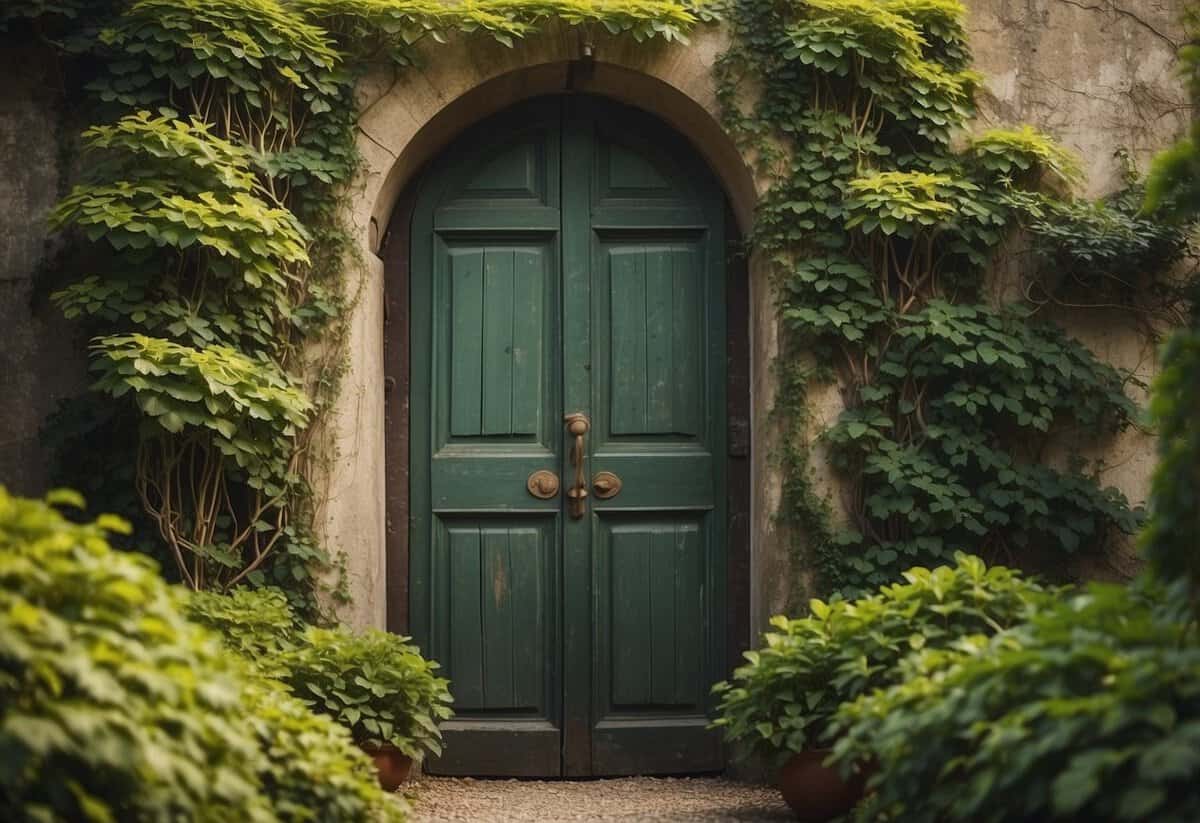 An antique door serves as a trellis for climbing vines in a lush garden setting, evoking a sense of nostalgia and charm