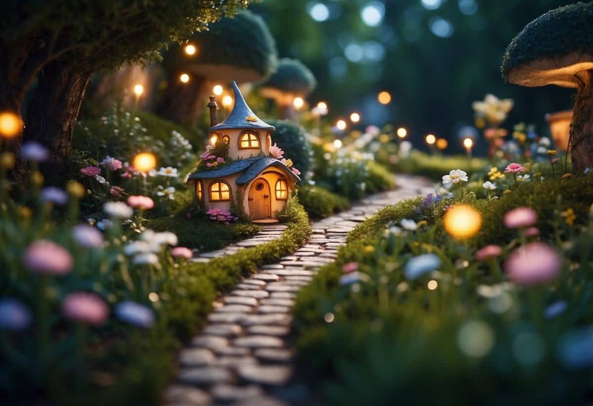 A winding path through a whimsical garden, lined with colorful flowers and twinkling fairy lights, leading to a charming fairy house nestled among the greenery