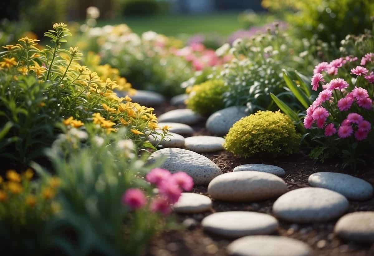 A garden with personalized stones, surrounded by colorful flowers and greenery, creating a peaceful and inviting atmosphere for a home