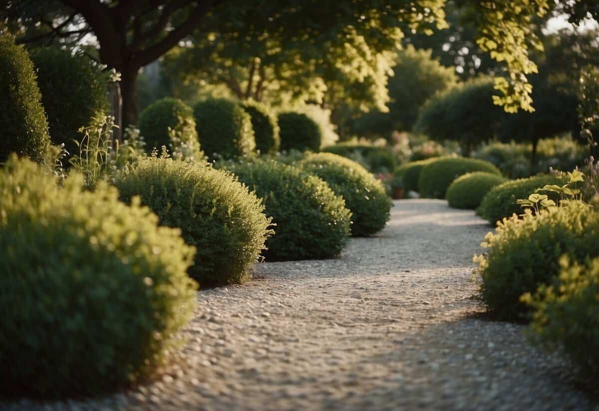 A garden path lined with crushed limestone stones, leading to a peaceful seating area surrounded by lush greenery