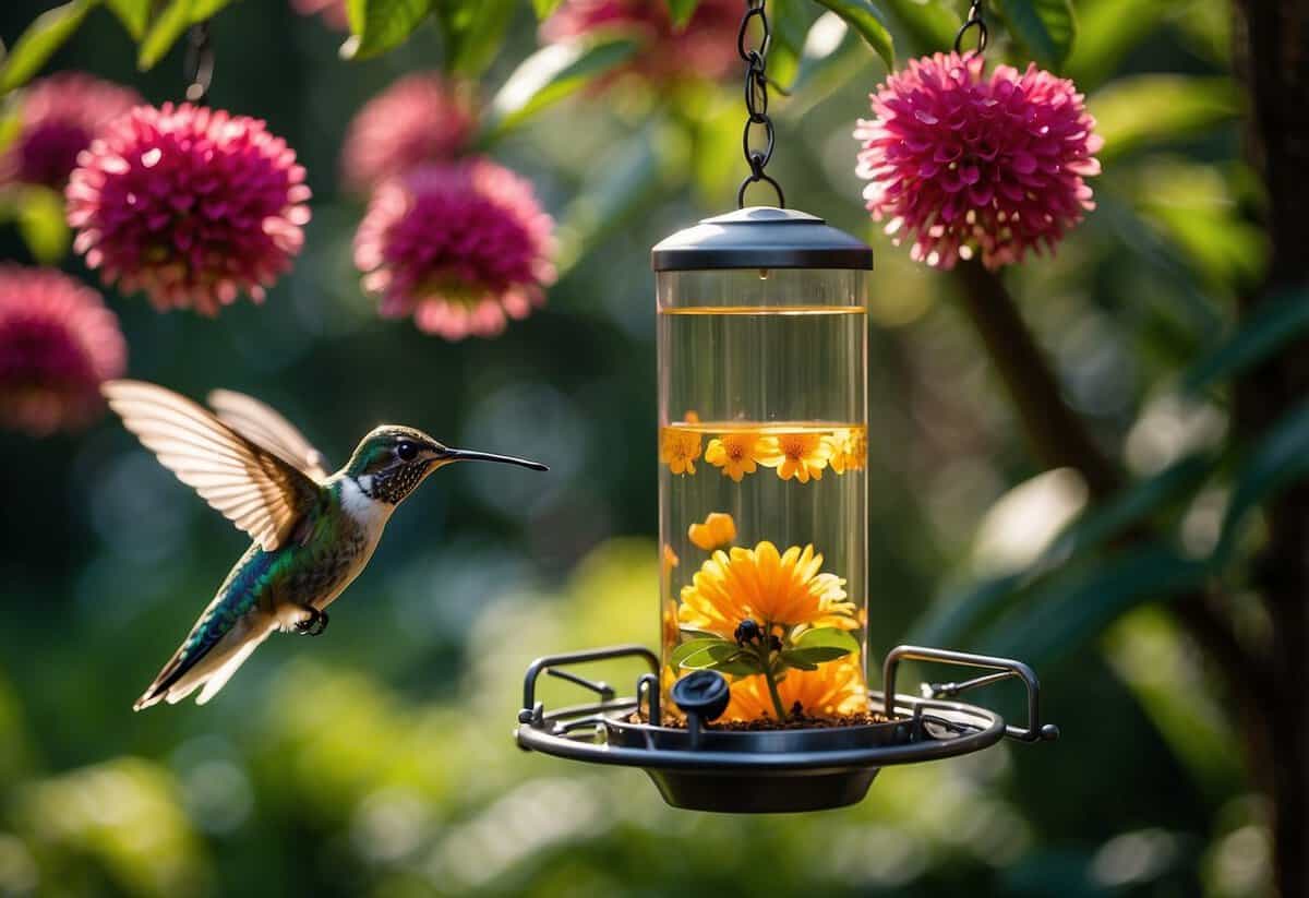 A glass hummingbird feeder hangs from a tree in a lush garden, surrounded by vibrant flowers and buzzing bees