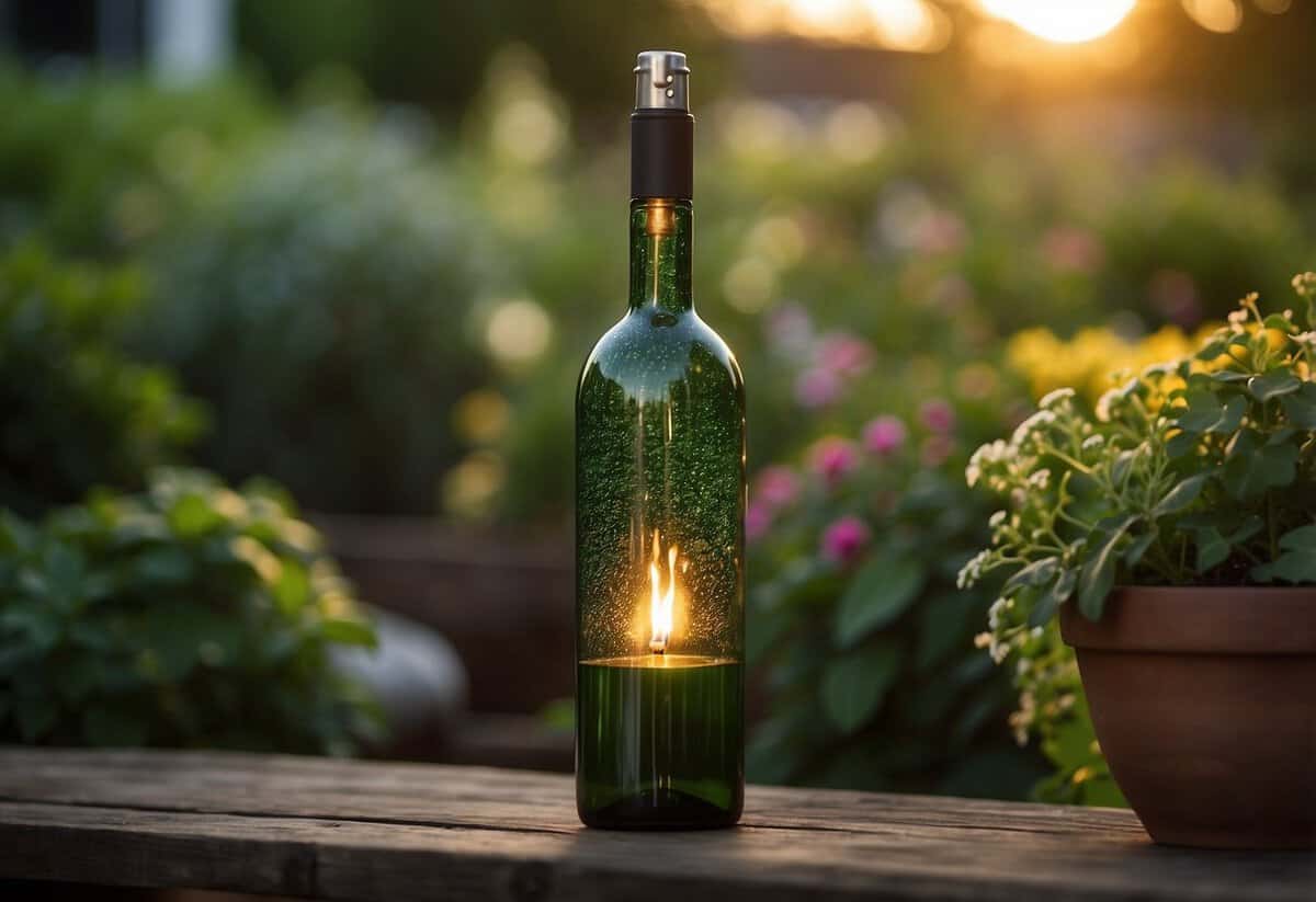 A vintage wine bottle torch stands in a garden, emitting a warm glow. Surrounding it are lush green plants and flowers, creating a peaceful and inviting outdoor space