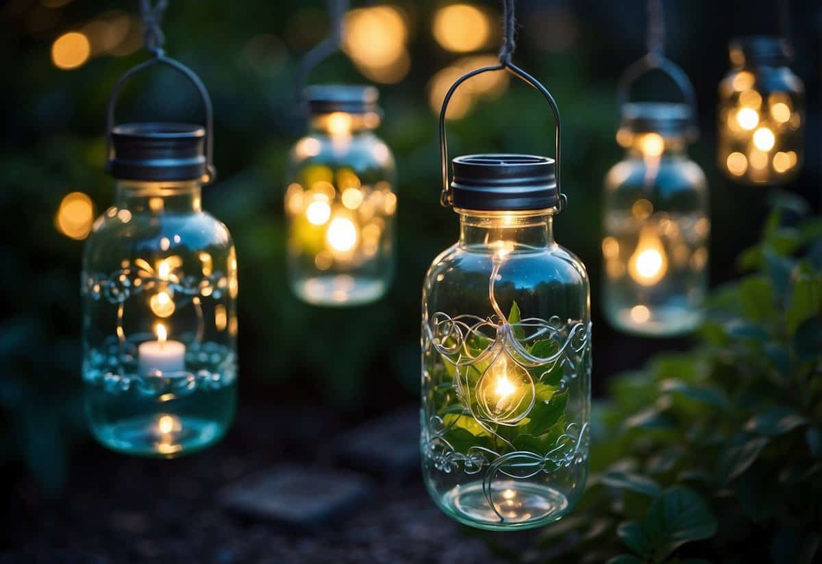 A garden filled with glass bottle lanterns, illuminated by solar power, creating a magical and eco-friendly outdoor ambiance