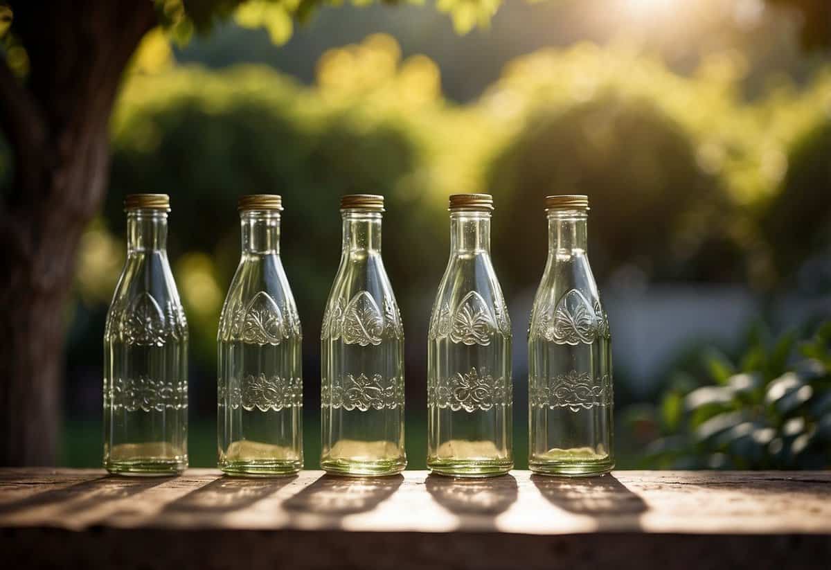 A row of clear glass bottles lined up along the edge of a garden, catching the sunlight and creating a shimmering border