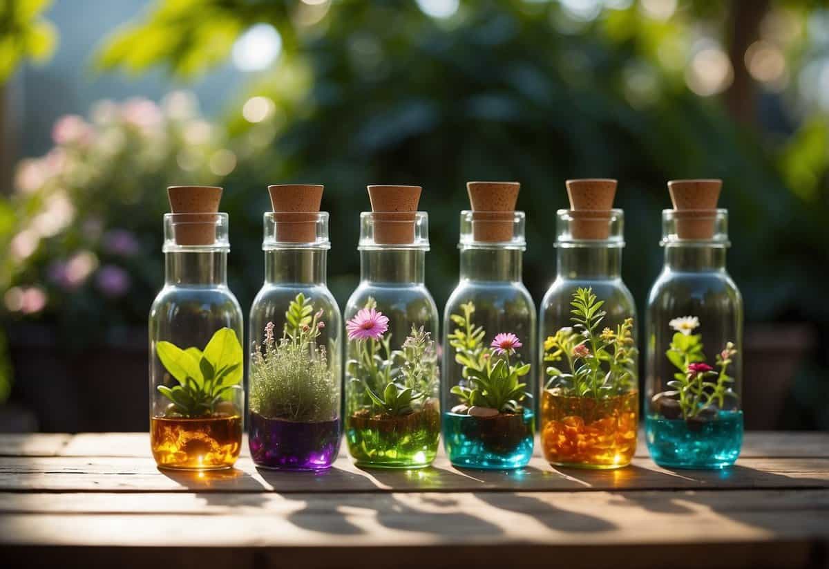 A glass bottle garden sits on a wooden table in a sunny backyard. Various plants and flowers grow inside the colorful bottles, creating a vibrant and charming outdoor display