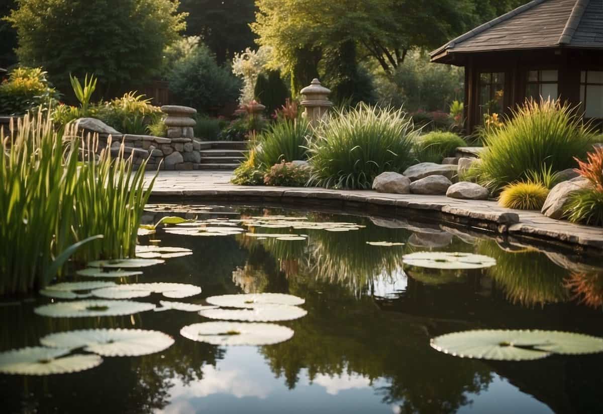 Lush koi pond with tall cattails and lily pads. Surrounding garden features water-loving plants and rocks. Peaceful and serene atmosphere