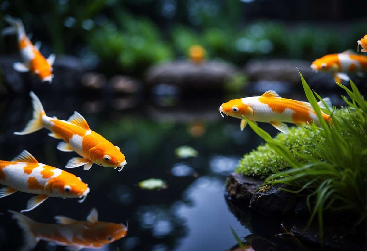 A peaceful koi pond garden glows at night with LED lighting, casting a serene and enchanting atmosphere