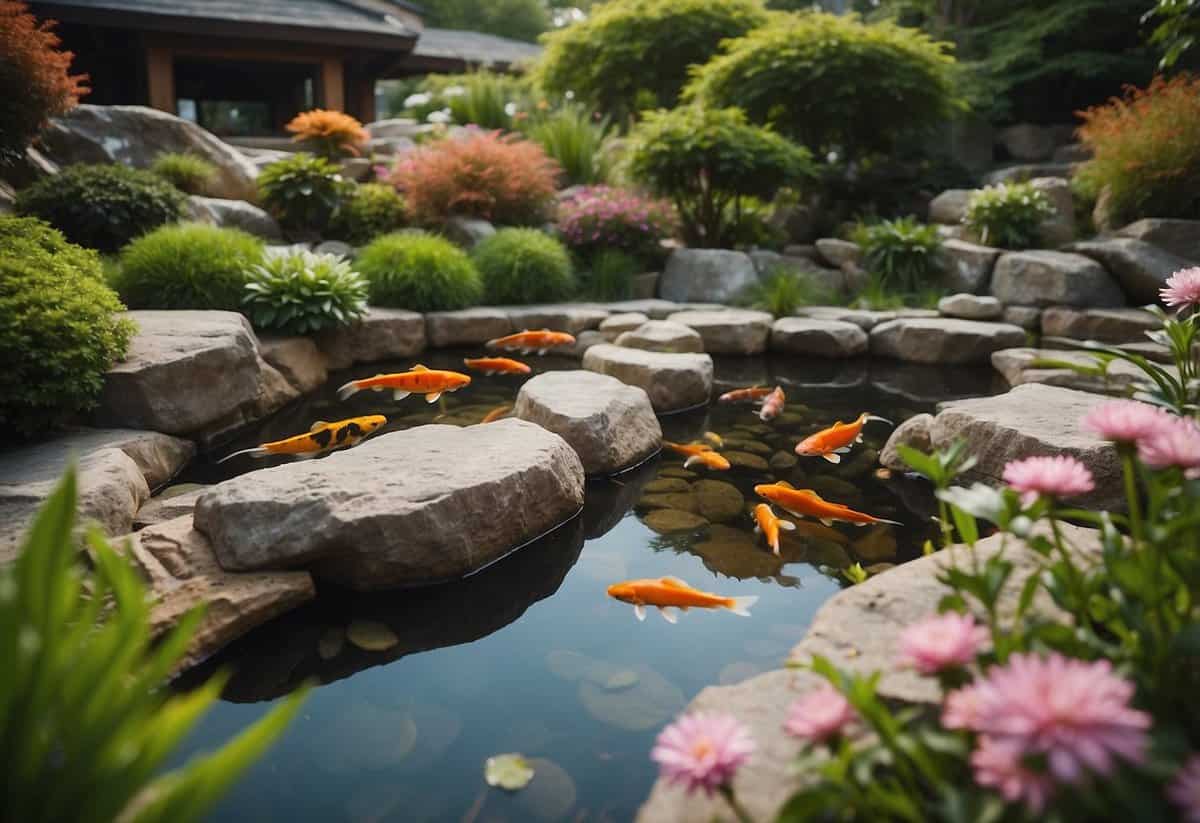 A serene koi pond nestled within a rock garden, surrounded by lush greenery and vibrant flowers