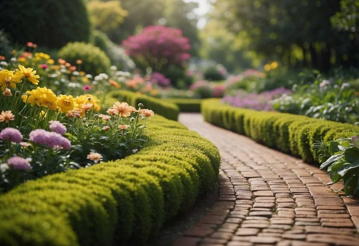 A winding yellow brick road cuts through a whimsical garden, lined with vibrant flowers and lush greenery, leading towards a grand emerald city in the distance