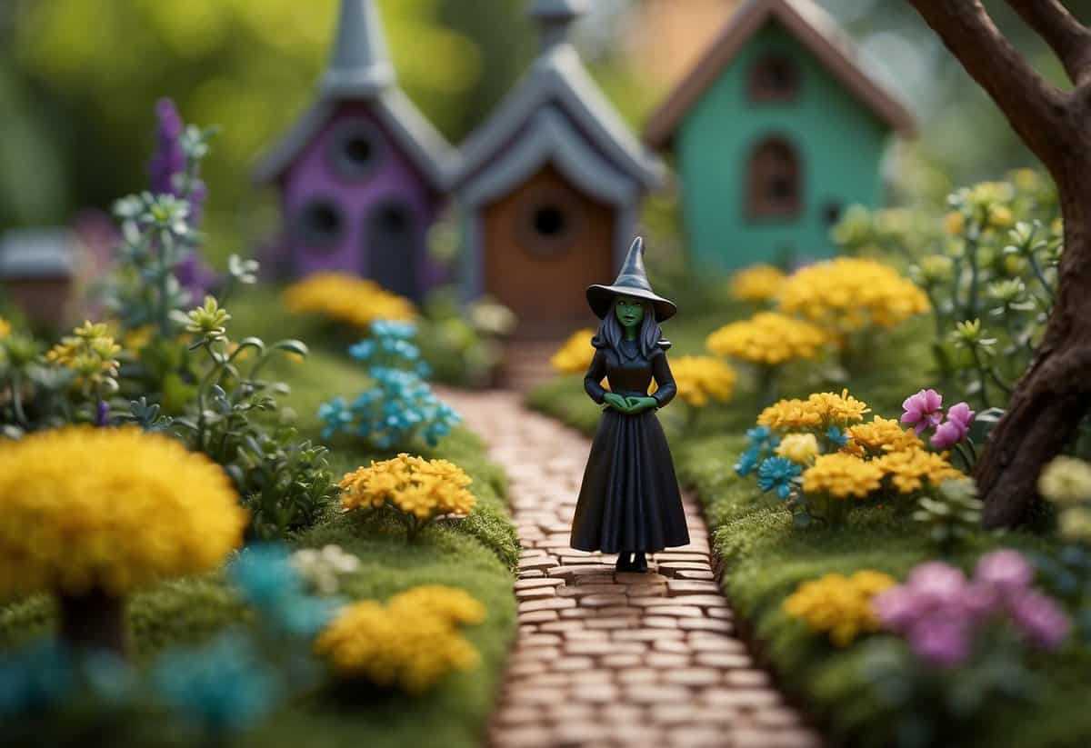 A wicked witch figurine stands amidst a whimsical garden, with colorful flowers and a yellow brick road leading to a miniature Emerald City