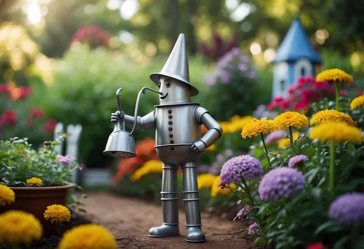 A tin man watering can stands in a whimsical garden, surrounded by colorful flowers and lush greenery, evoking the magical world of the Wizard of Oz