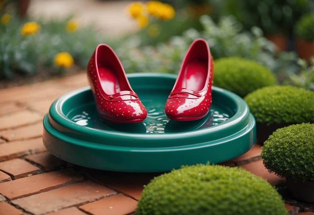 A bird bath shaped like ruby slippers sits in a whimsical garden, surrounded by yellow brick pathways and emerald green plants