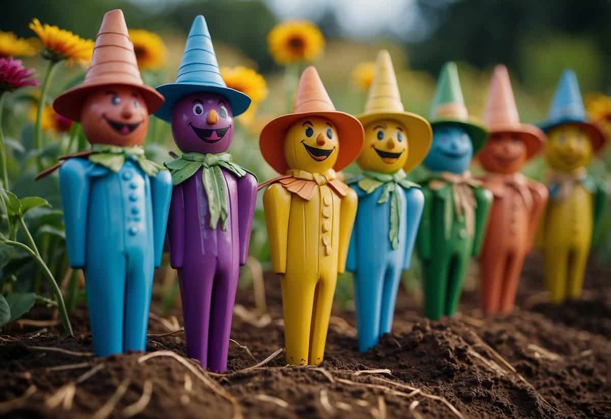 A field of colorful garden stakes shaped like scarecrows, inspired by the Wizard of Oz. Each stake has a unique design, adding a whimsical touch to the garden