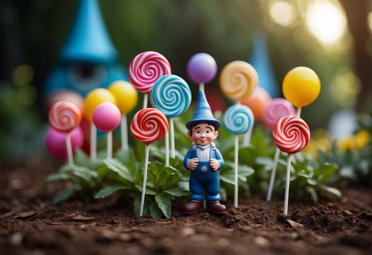 A colorful garden filled with oversized lollipops, tiny gnomes in pointy hats, and whimsical wizard of oz-themed decorations