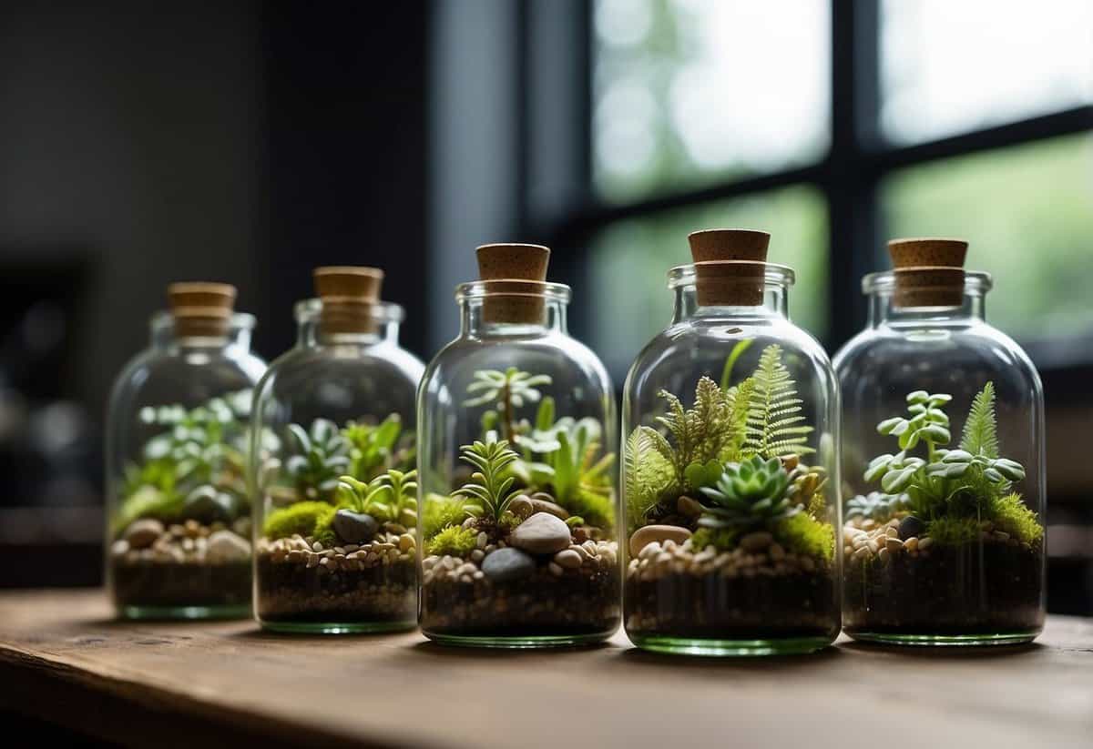 Several mini terrariums arranged inside empty glass bottles, with small plants, rocks, and moss creating a miniature garden inside each bottle