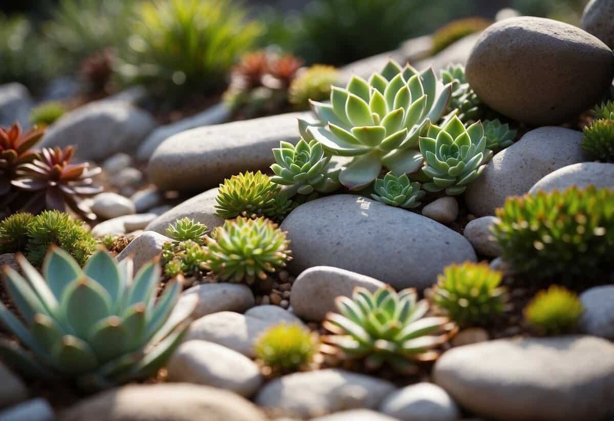 A rock garden filled with vibrant succulents and lush greenery, nestled among smooth stones and boulders, creating a serene and natural landscape