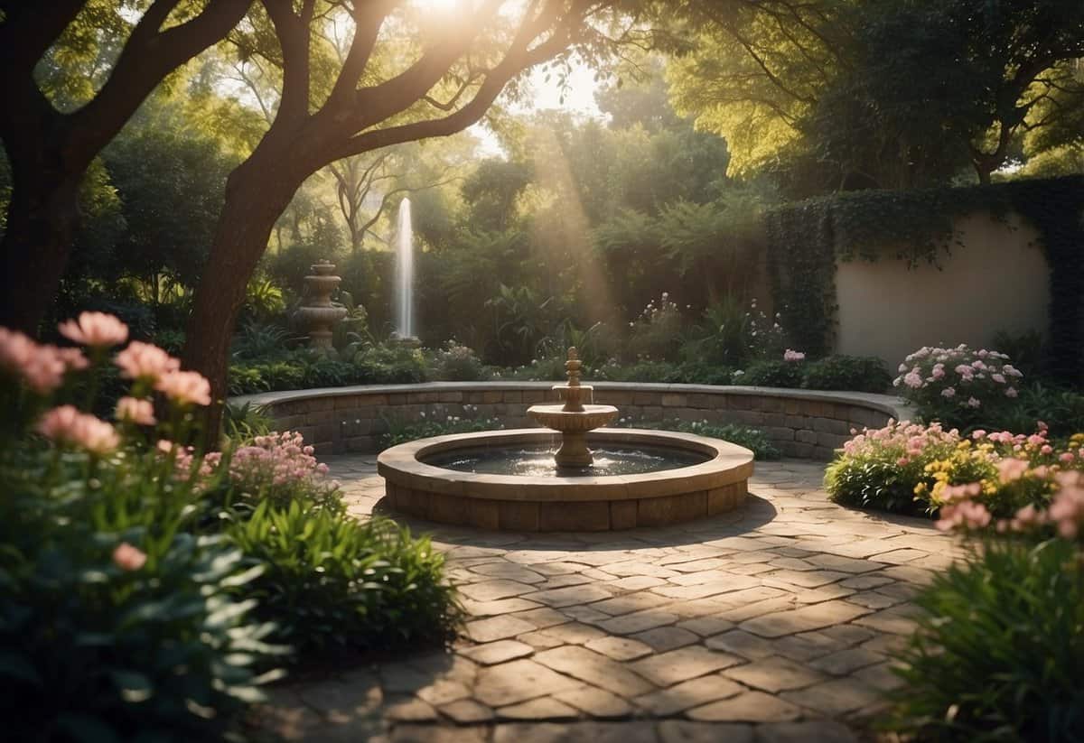 A serene meditation corner in a lush garden, with blooming flowers, a tranquil fountain, and shaded seating area