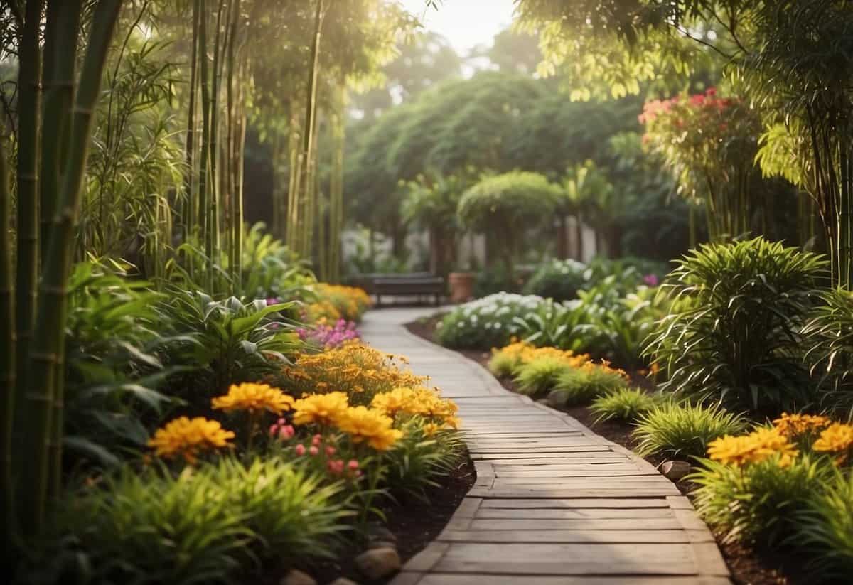 A tranquil Indian garden with bamboo screening, lush greenery, and colorful flowers. A small pathway winds through the garden, leading to a peaceful seating area