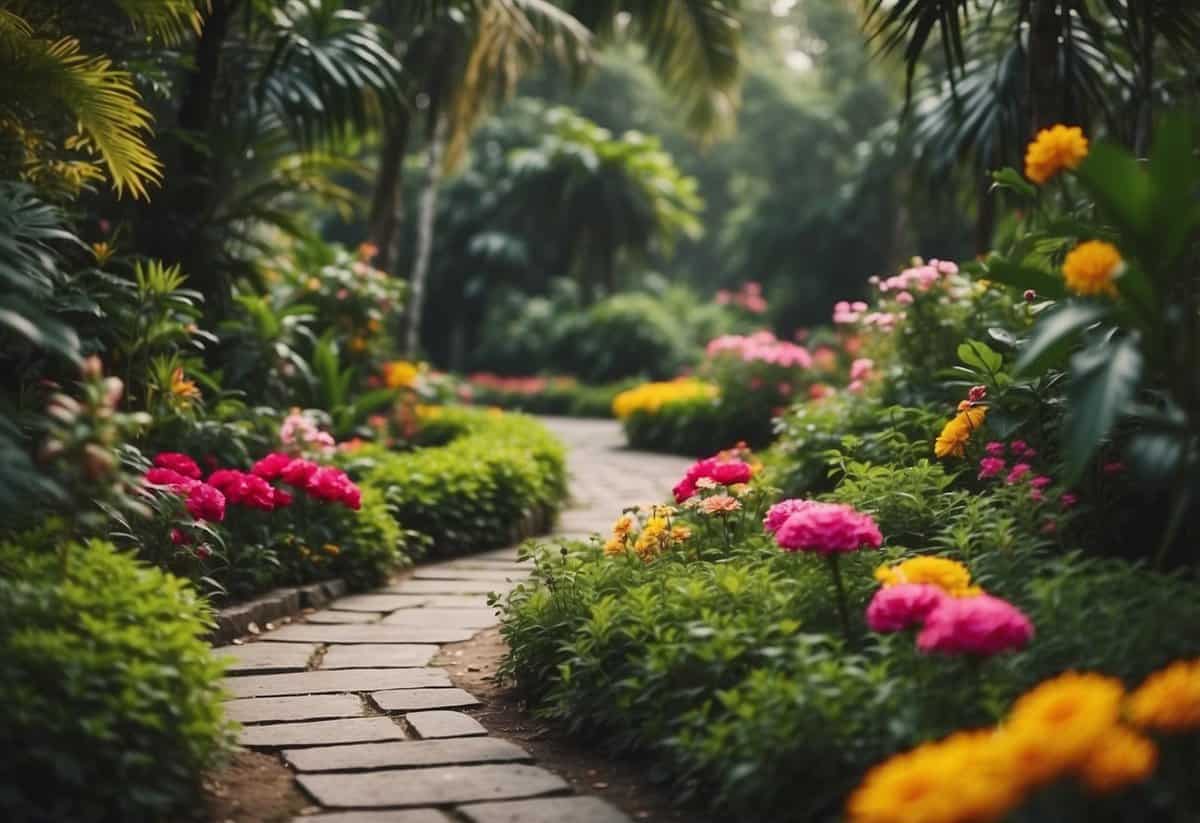 A winding concrete pathway weaves through a lush garden in India, lined with vibrant flowers, exotic plants, and decorative elements