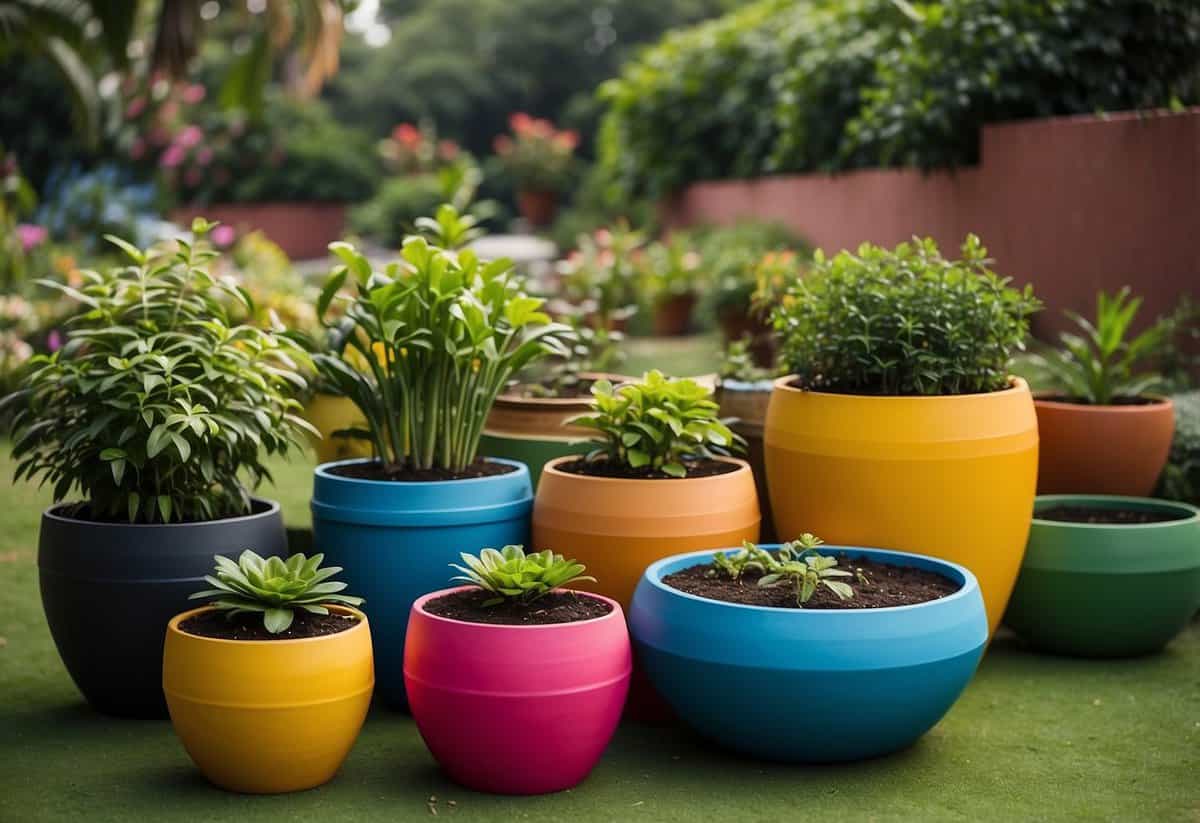 A variety of colorful and creatively designed recycled planters are arranged in a lush garden setting in India