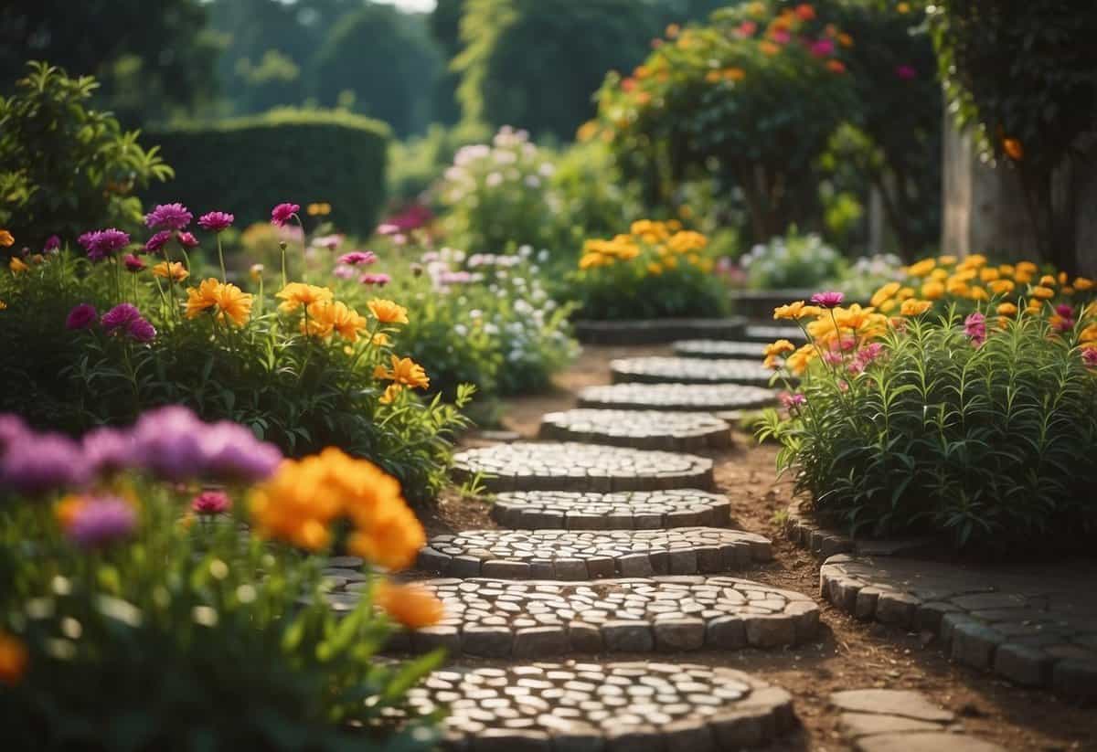 A vibrant garden in India with mosaic stepping stones leading through lush greenery and colorful flowers