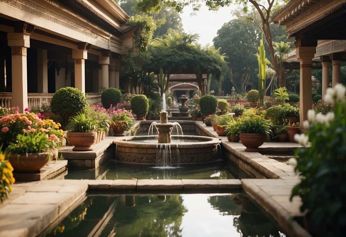 Lush greenery, vibrant flowers, and traditional Indian architecture create a serene garden oasis. The sound of flowing water from fountains adds to the tranquil atmosphere