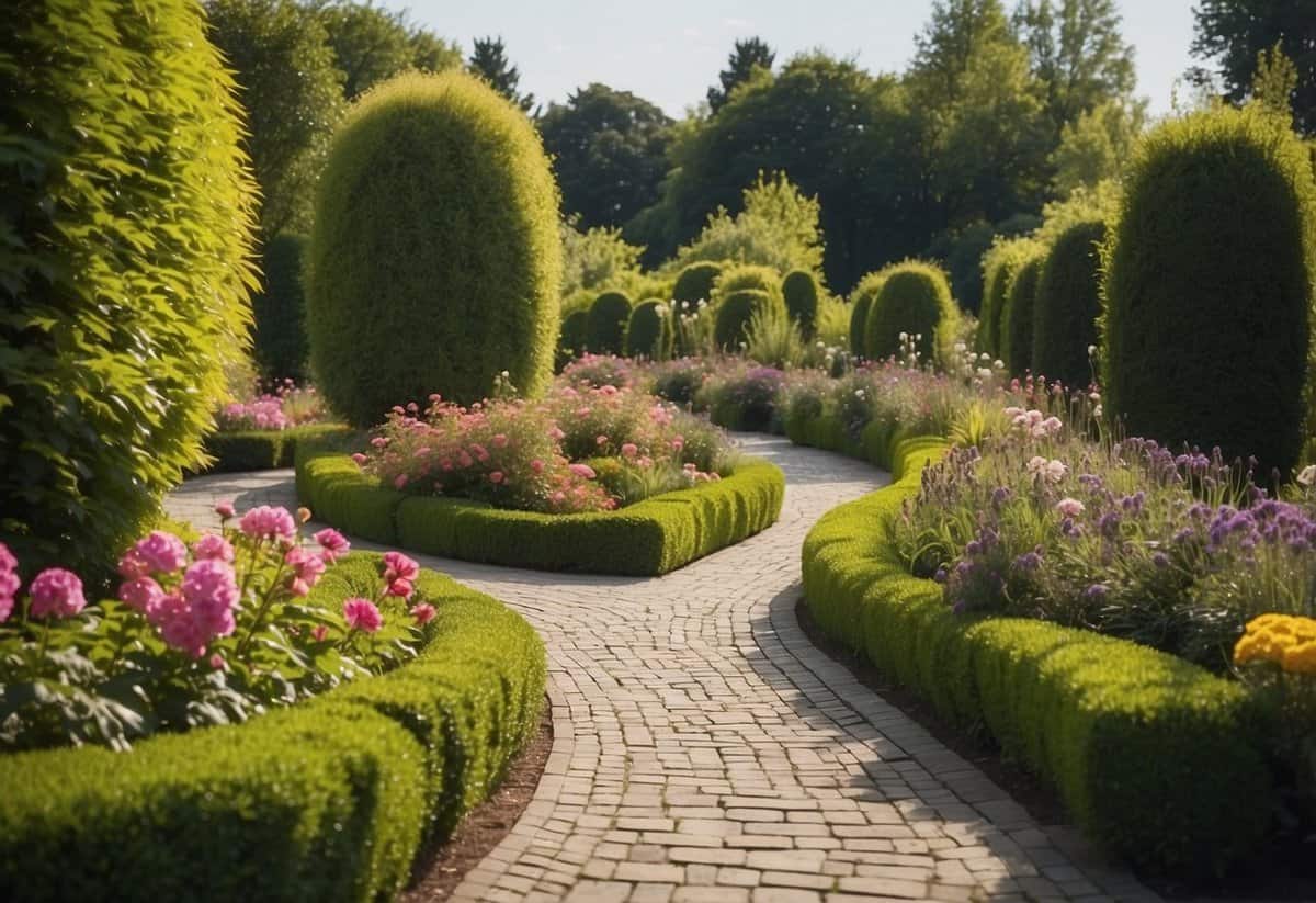 A long garden with winding paths and blooming flowers