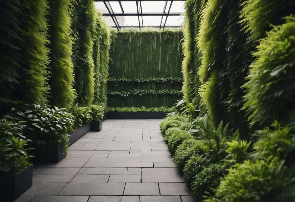 A long garden with vertical garden walls filled with lush greenery