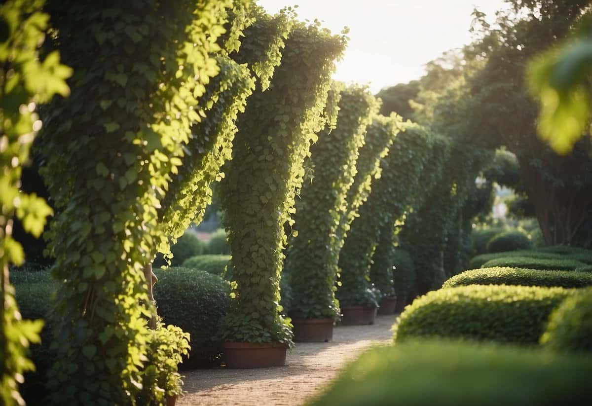 Lush vine-covered trellises create long garden aisles