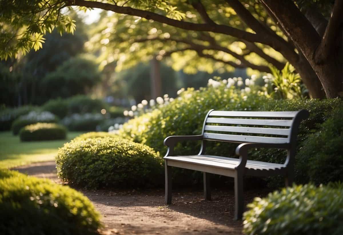 A bench sits in a shaded alcove surrounded by long garden beds