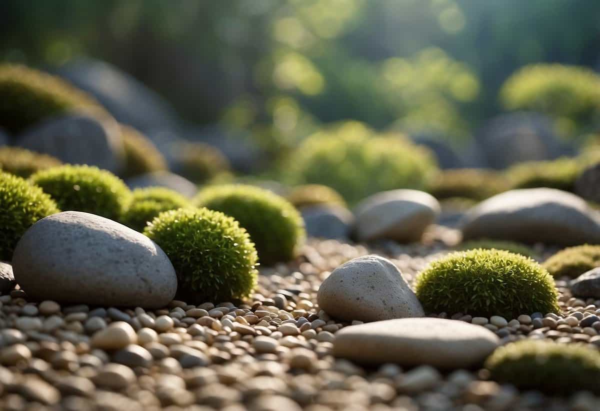 A serene Zen rock garden with carefully raked gravel, moss-covered rocks, and strategically placed boulders in a long, narrow garden space