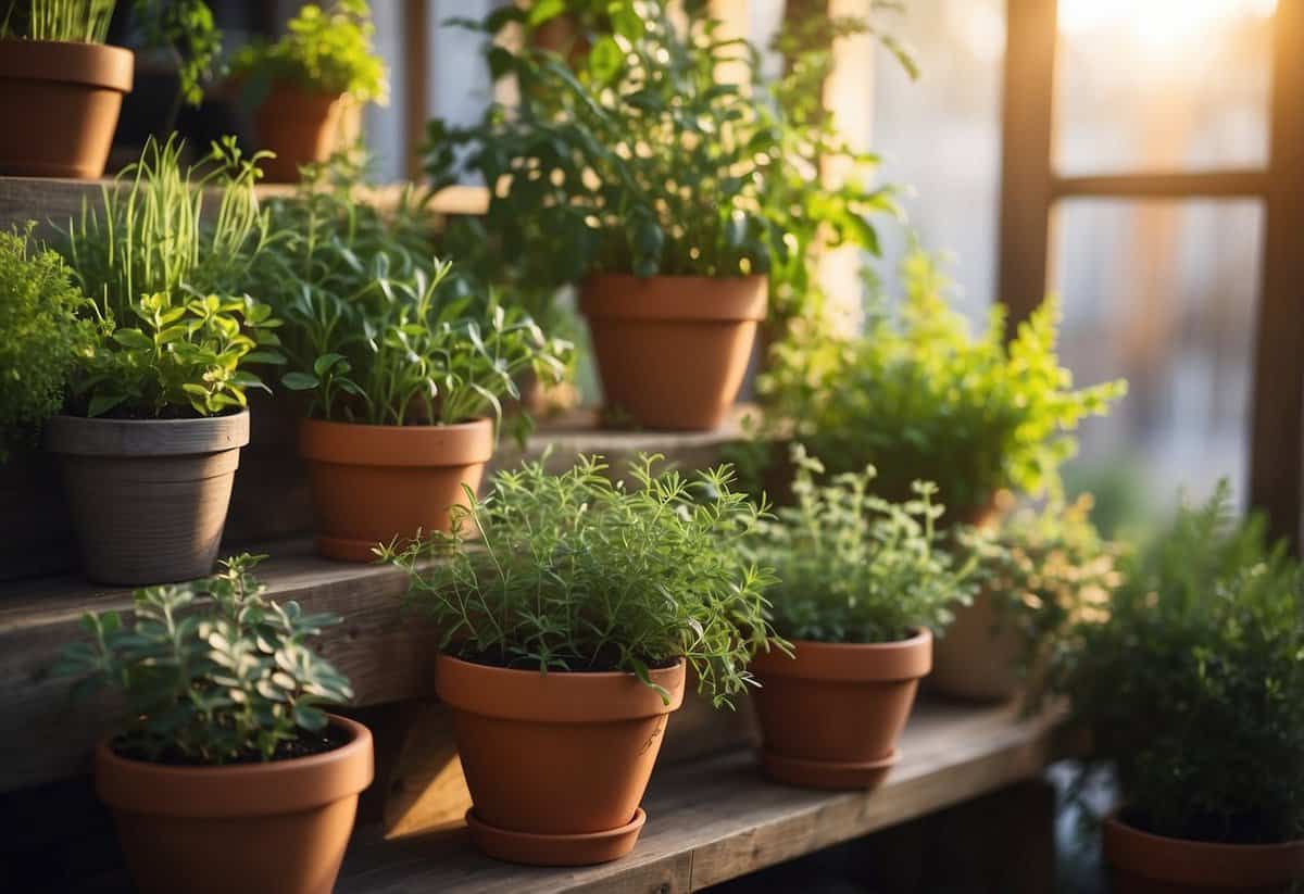 A tiered herb garden with cascading plants and vibrant colors, nestled in a cozy corner with sunlight streaming through