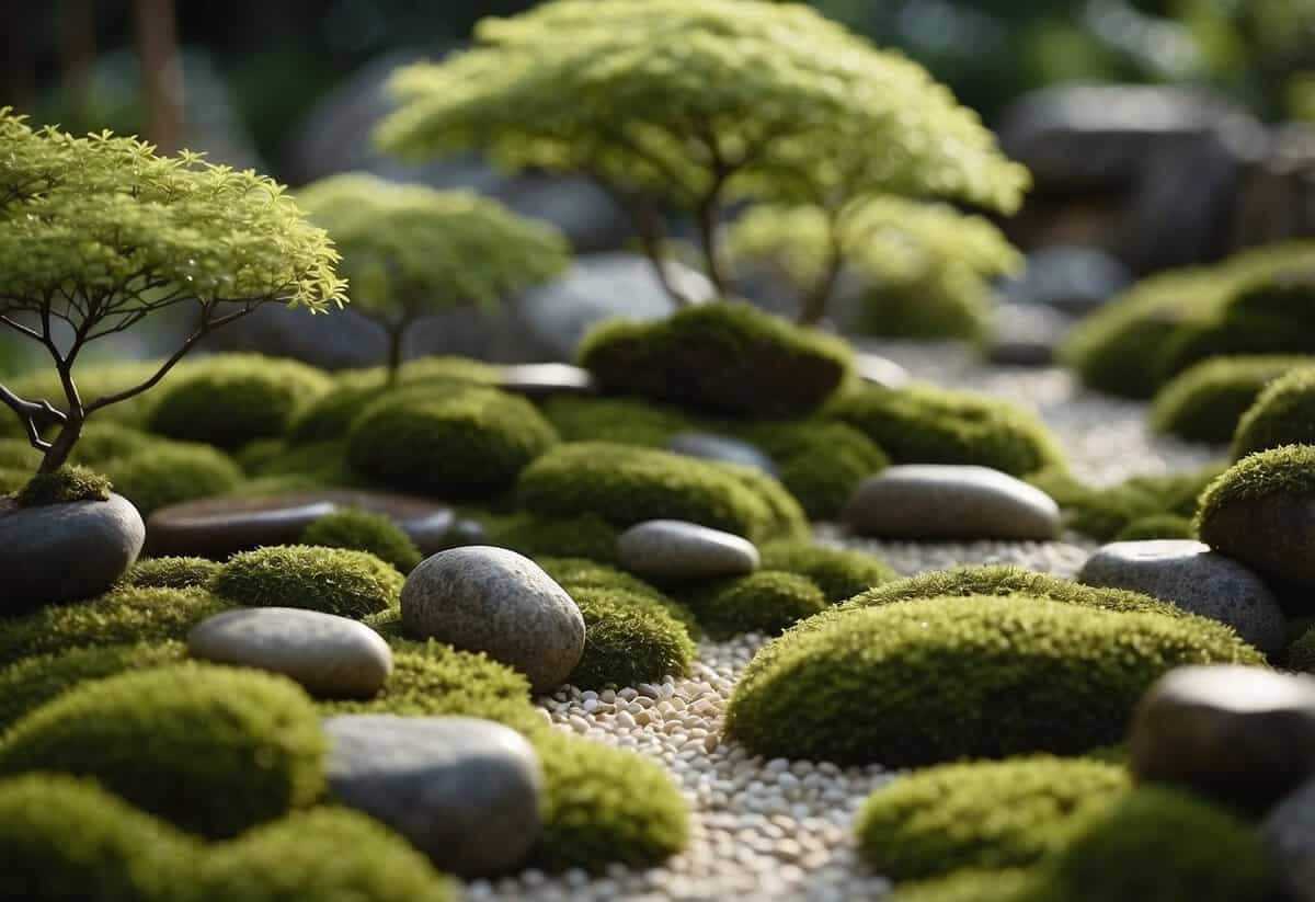 A serene Zen garden with moss-covered stones and carefully arranged landscaping, creating a peaceful and tranquil atmosphere