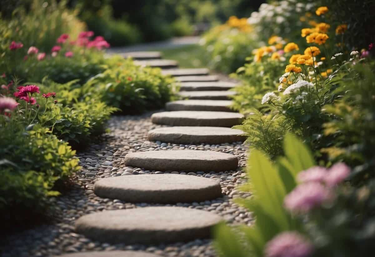 A winding garden path with stepping stones, surrounded by lush greenery and colorful flowers