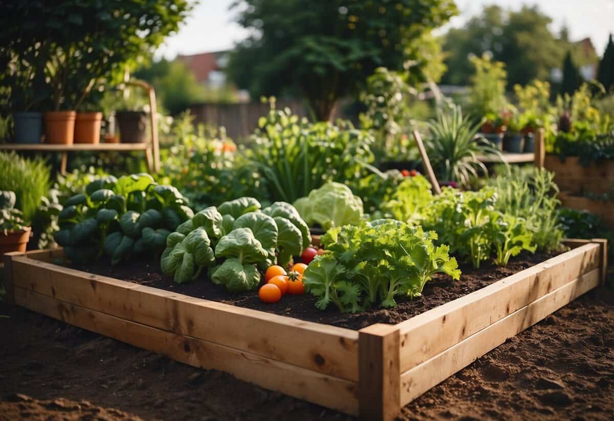 A raised bed filled with vibrant vegetables surrounded by small lush garden ideas