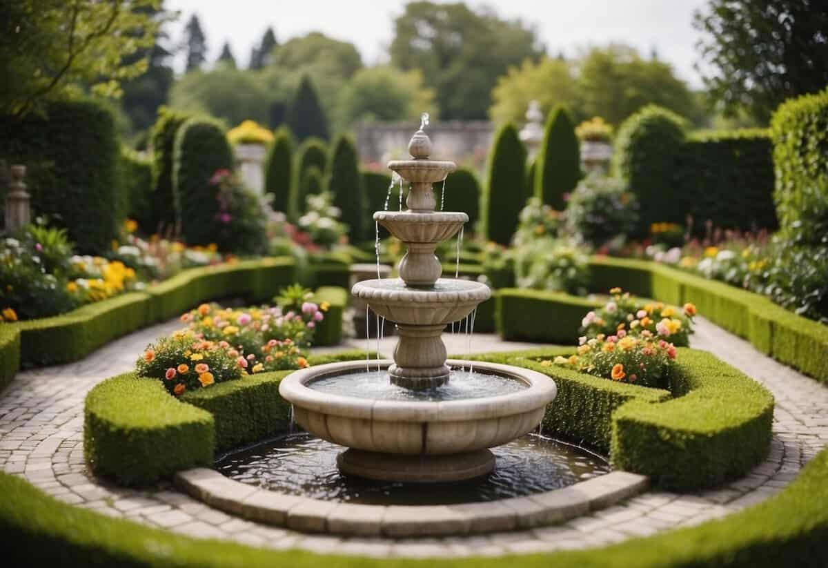 A small lush garden with neatly trimmed hedges, colorful flower beds, and a bubbling fountain surrounded by winding stone pathways