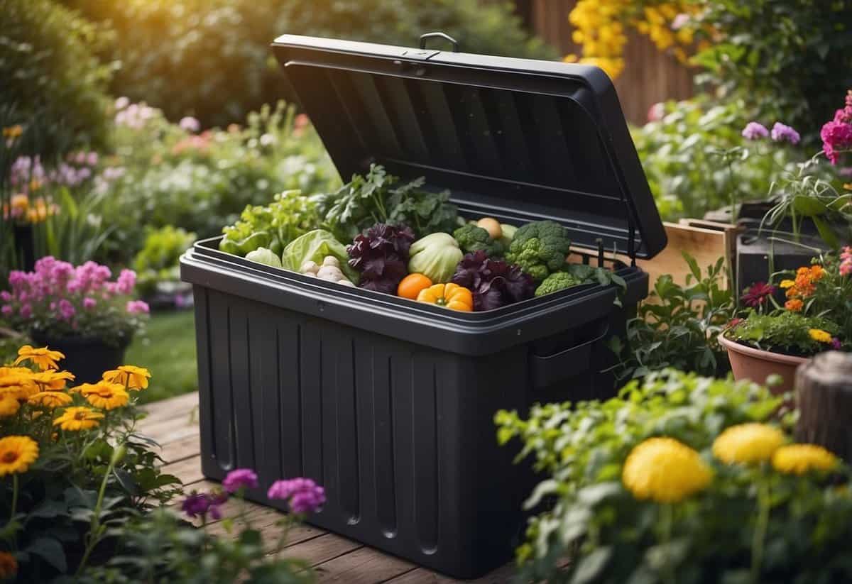 A compost bin sits in a lush backyard garden, surrounded by colorful flowers and thriving vegetables. The sun shines down, illuminating the scene