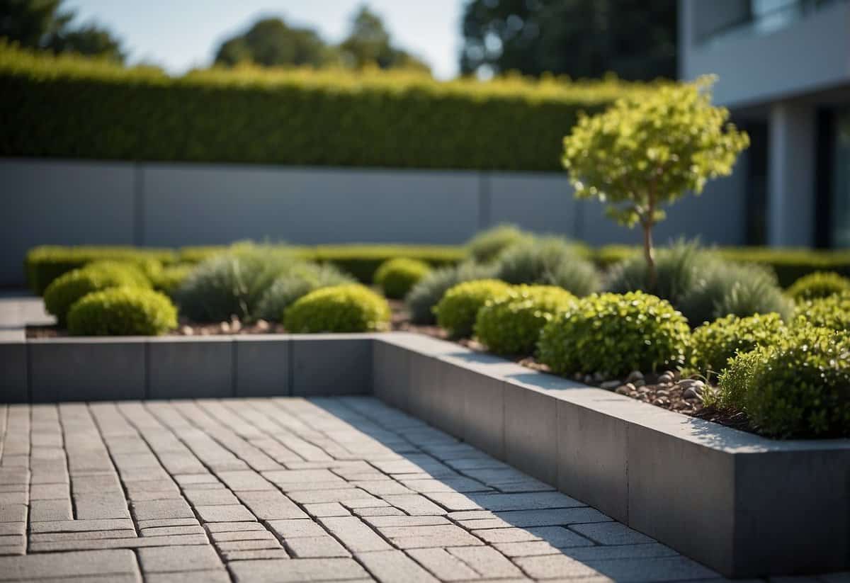 A clean, minimalist front garden with geometric concrete pavers arranged in a modern pattern, surrounded by carefully manicured plants and shrubs