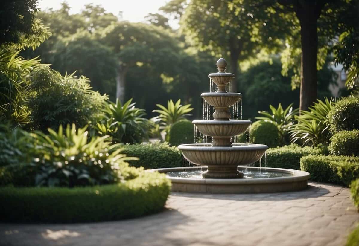 A modern tiered water fountain surrounded by lush greenery in a front garden