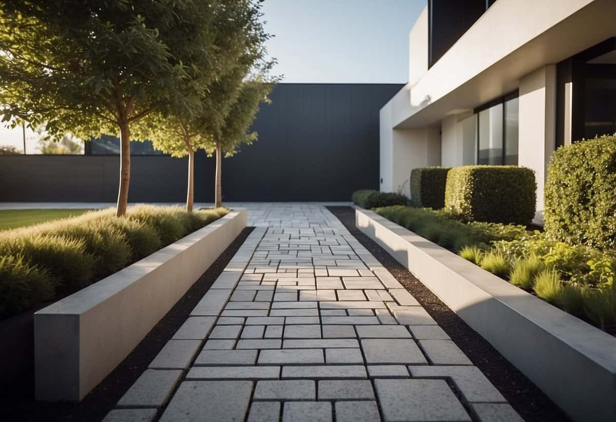 A clean, straight stone pathway cuts through a modern front garden with minimal landscaping and sleek, geometric shapes