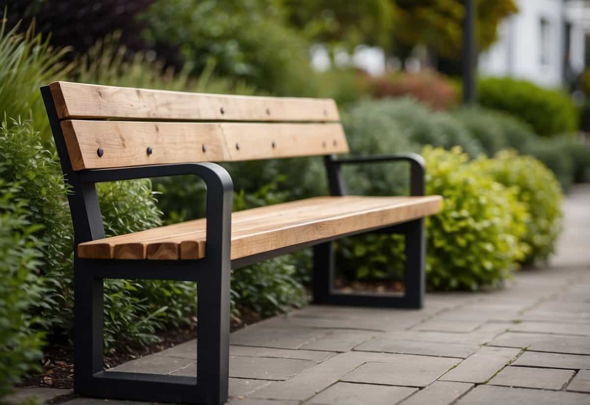 A reclaimed wood bench sits in a modern front garden, surrounded by vibrant greenery and contemporary landscaping