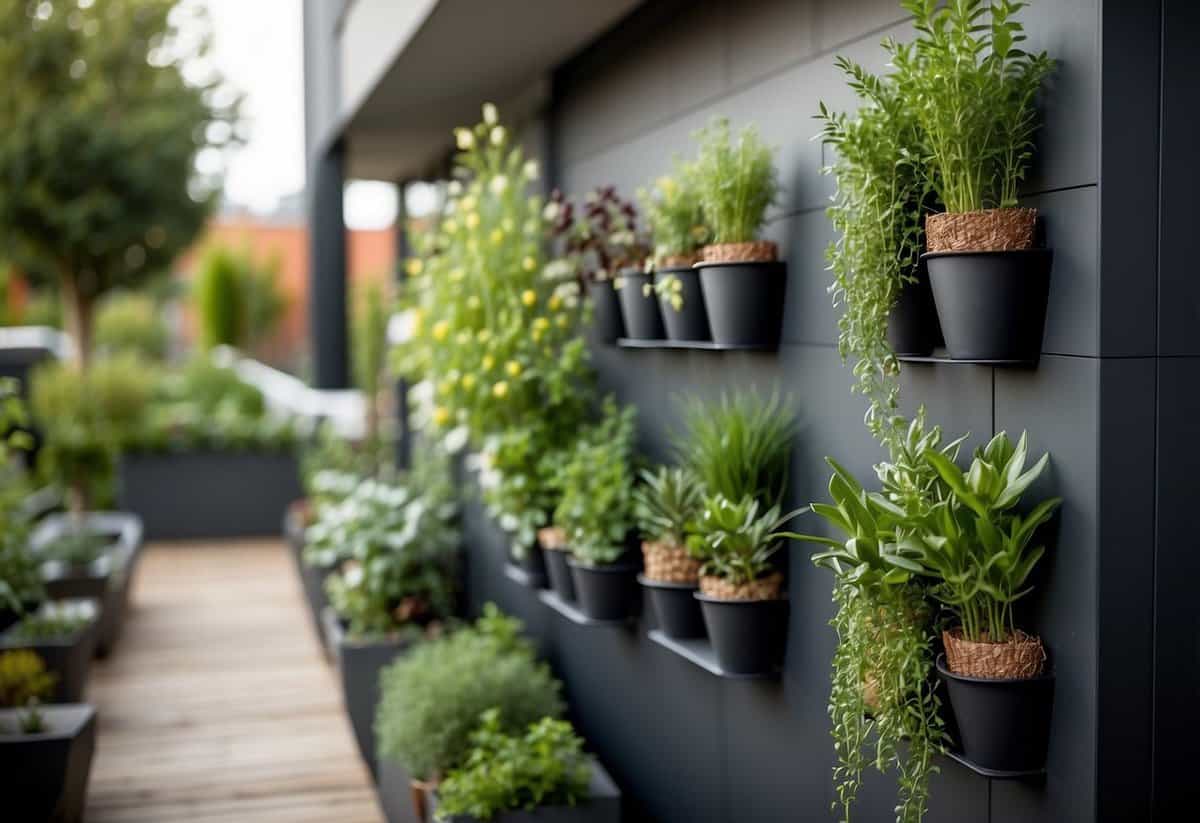 A sleek, vertical herb garden adorns a modern front garden, with neatly arranged pots and a variety of aromatic plants